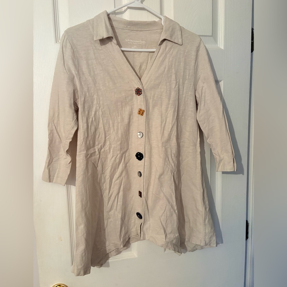Soft Surroundings Danielle Button Front Tan Tunic Top  Size S